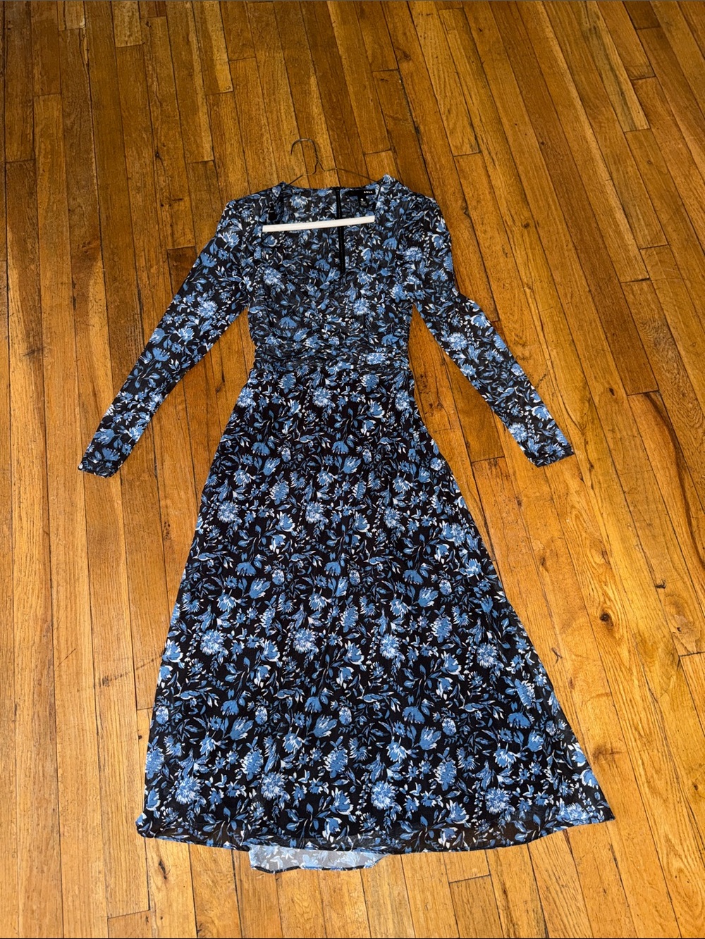 Aqua Black and Blue Floral Long Sleeve Midi Dress